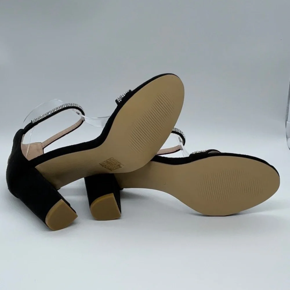 Black Faux suede heels with sparkle detail ankle strap back gold zipper closure